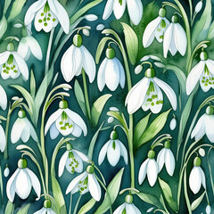 snowdrops. pattern with floral plants, botanical herbal watercolor illustration for wedding or greeting card, wallpaper, wrapping paper design, textile, scrapbooking