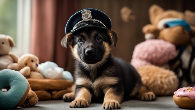 A German Shepherd puppy with a comical expression, wearing a tiny police hat  