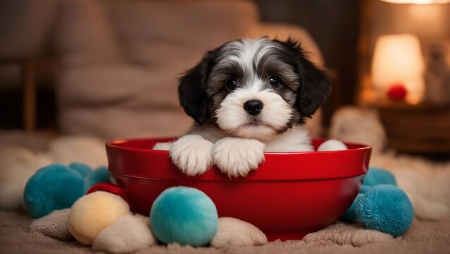 puppy in a christmas basket A charming Havanese puppy dog cozily nestled in a red bowl filled with plush toys instead of dog food 