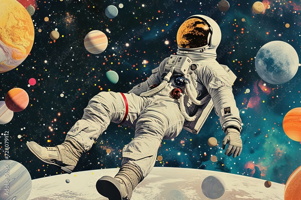 Wall mural astronaut floating in outer space on background of galaxy planets. contemporary art collage. generat