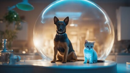 highly intricately detailed photograph of Vet examining dog and cat. Puppy and kitten at veterinarian clinic in front of giant bubble 