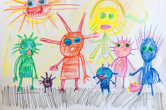 Friendly aliens having a picnic on their home planet 4 year old's simple scribble colorful juvenile crayon outline drawing