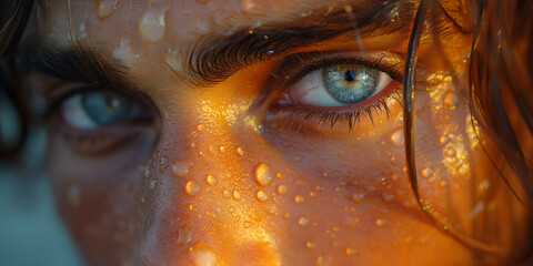 Schönes Frauen Gesicht mit blauen Augen und Wassertropfen Nahaufnahme, ai generativ