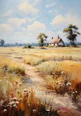 Oil art painting of country field in vintage
