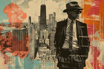 Retro Italian mafia gangster on background of American city. Contemporary art collage. Generative AI