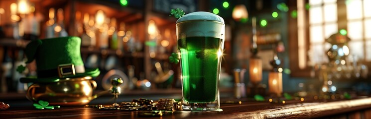 Glass of foamy green beer and leprechauns hat on bar counter. Pub interior. St. Patrick's Day party. Generative AI - obrazy, fototapety, plakaty