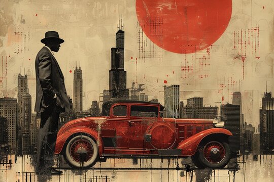 Italian mafia gangster near vintage classic car on background of American city. Contemporary art collage. Generative AI