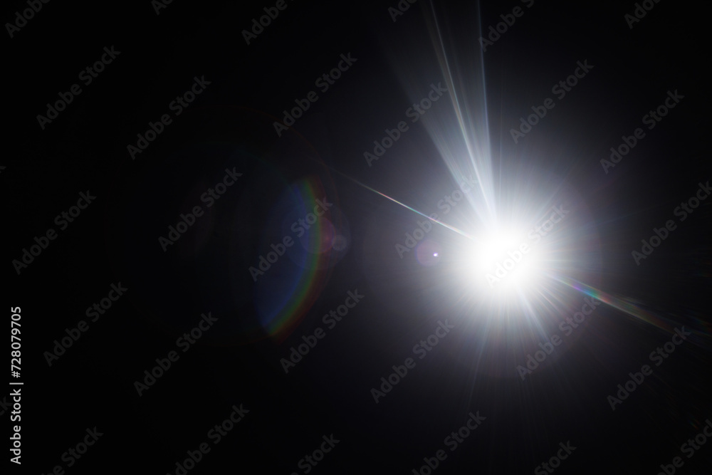 Aufkleber Easy to add lens flare effects for overlay designs or screen blending mode to make high-quality images. Abstract sun burst, digital flare, iridescent glare over black background.