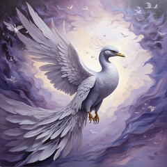 Obraz premium In the ethereal depths of a mauve-tinted celestial realm, a majestic familiar emerges, radiating elegance and enchantment. This awe-inspiring acrylic painting captures the essence of a mystical compan