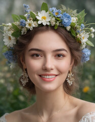 Portrait of a smiling beautiful young woman with a wreath of flowers on her head