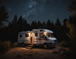 Cozy motorhome under the night sky, ready to embark on new adventures. Camper van, van life. 