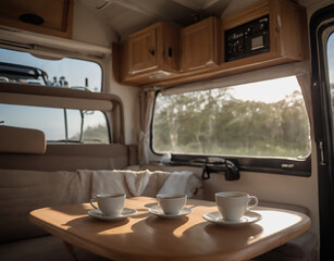 A cup of coffee, a quiet moment, as the motorhome offers a glimpse into the beauty of simplicity.