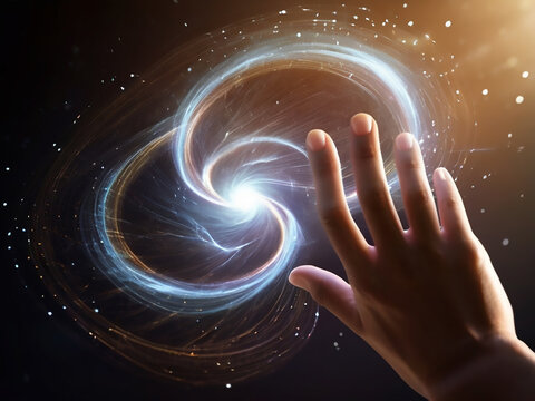 Spinning vortex of light and data particles in human hand, scientifical discovery concept