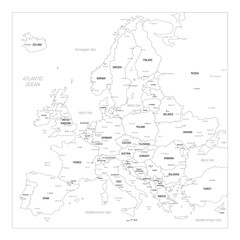 Obraz premium Political map of Europe. Blue colored vector map with capital and important cities of european countries and bodies of water around continent.