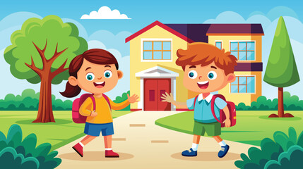 Cheerful School Children Walking in Front of House on a Sunny Day
