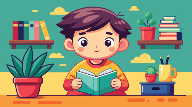 Young Boy Reading a Book at a Study Desk With Plants