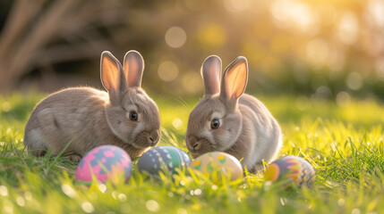 Fototapeta premium Easter bunnies in grassy field with decorated eggs. Painted eggs and cute bunnies. Symbolising peace, easter and nature.