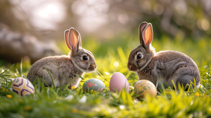 Obraz premium Easter bunnies in grassy field with decorated eggs. Painted eggs and cute bunnies. Symbolising peace, easter and nature.