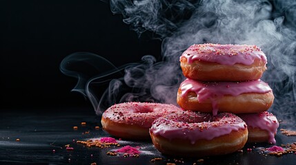 Pink glazed donuts with sprinkles on a black background