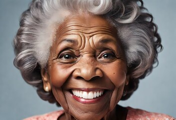 a close up of a pretty black african american senior citizen woman with perfect teeth. She is a grandma, mother, wife, sister