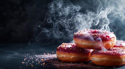 Delicious donuts with sprinkles and smoke on a black background