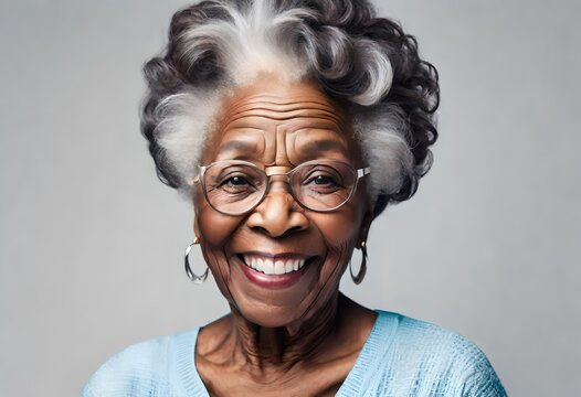 a close up of a pretty black african american senior citizen woman with perfect teeth. She is a grandma, mother, wife, sister