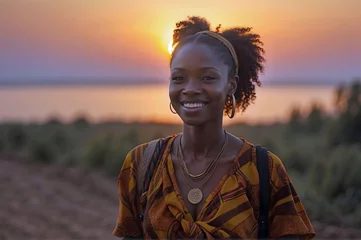 Fototapeten Young African Woman Smiling and Backlt by a Beautiful Golden Hour Sunset Over the Sea © William Harding