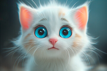 A small white kitten with big blue eyes looks surprised close-up. Emotions of shock, surprise and fright. Ai generative.