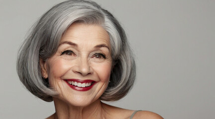 Naklejka premium Natural beautiful happy middle aged woman with grey bob hairstyle.
