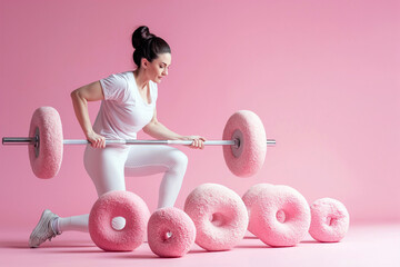 Woman trying to lift a barbell made of big donuts. Dumbbell doughnut. Creative concept for a healthy lifestyle, Bad fitness nutrition, sport and bodybuilding. Weight training, wrong diet, funny food - obrazy, fototapety, plakaty