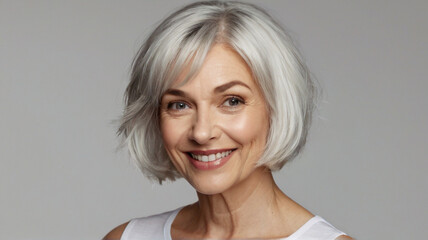 Natural beautiful happy middle aged woman with grey bob hairstyle.