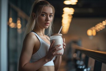 Fit young woman in gym drinking protein cocktail. Athletic girl in sportswear holding a shaker with healthy drink. Protein shake. exercising concept. Fitness and healthy lifestyle, sports nutrition - obrazy, fototapety, plakaty