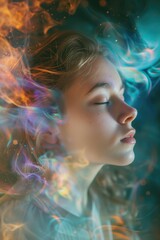 A girl or young woman with beautiful flawless glowing skin having astral experience in blurry smoke