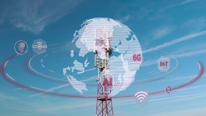 Digital globe and technology icons on a 5G telecommunication tower - 3D Graphic