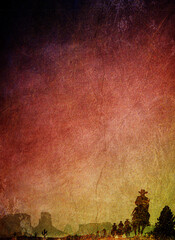 Abstraktes Western Retro Poster - Künstlerische Illustration mit Silhouetten - Papier Kunst Farben - Reiter mit Cowboyhut auf Pferden