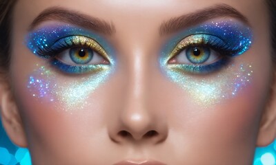Naklejka premium Closeup of woman's face with holographic makeup