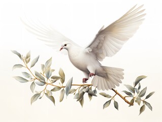 Obraz premium Dove Carrying an Olive Branch Peace and Harmony Isolated on White Background AI Generated