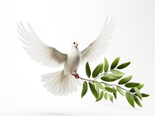 Obraz premium Dove Carrying an Olive Branch Peace and Harmony Isolated on White Background AI Generated