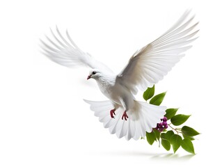 Obraz premium Dove Carrying an Olive Branch Peace and Harmony Isolated on White Background AI Generated