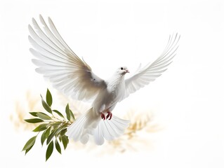 Obraz premium Dove Carrying an Olive Branch Peace and Harmony Isolated on White Background AI Generated