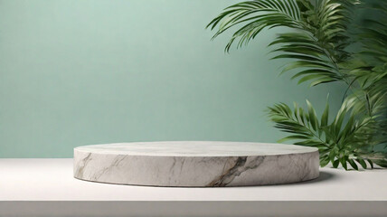 White granite stone pedestal, simple round stand with green tropical plants around. Product presentation concept.	