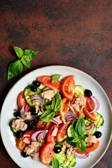 Fresh vegetable salad with tuna. Top view with copy space.