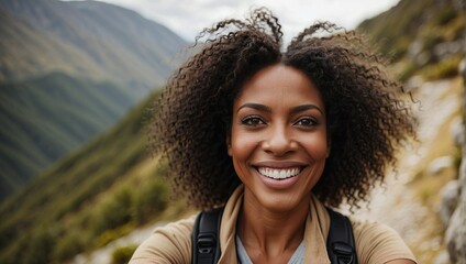 Radiant black woman with curly hair takes a selfie on a mountain trail.