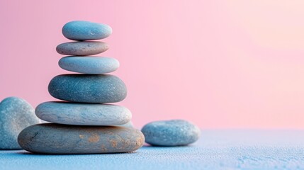 Obraz na płótnie Canvas Pebbles balancing on pastel background. Sea pebble. Colorful pebbles. For banner, wallpaper, meditation, yoga, spa, the concept of harmony, balance. Copy space for text