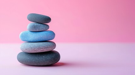 Obraz na płótnie Canvas Pebbles balancing, on a pastel background. Sea pebble. Colorful pebbles. For banner, wallpaper, meditation, yoga, spa, the concept of harmony, ba lance. Copy space for text
