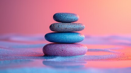 Pebbles balancing, on a pastel background. Sea pebble. Colorful pebbles. For banner, wallpaper, meditation, yoga, spa, the concept of harmony, ba lance. Copy space for text