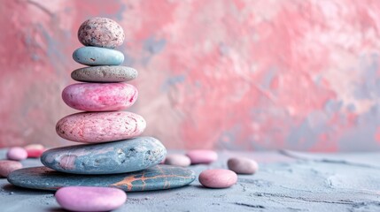 Pebbles balancing on pastel background. Sea pebble. Colorful pebbles. For banner, wallpaper, meditation, yoga, spa, the concept of harmony, ba lance. Copy space for text