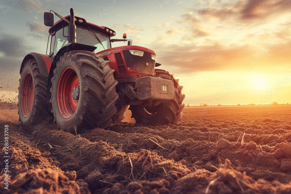 Wall mural tractor in the field. background with selective focus and copy space