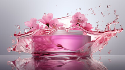 Elegant Pink Cosmetic Cream Jar Amidst Blossoms and Splashing Liquid