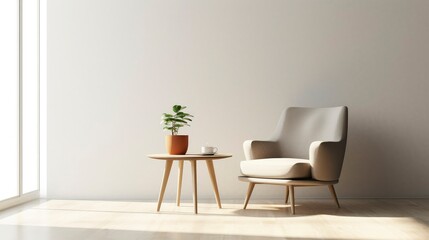 Minimalist living room interior with chair and table. Copy space. Space for text